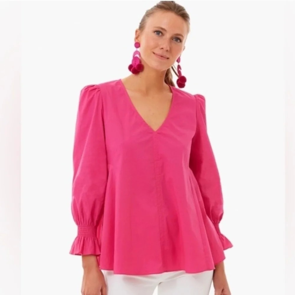 Tuckernuck NWOT Pomander Place Easton Blouse XS Pink V-Neck Poplin Long Sleeve